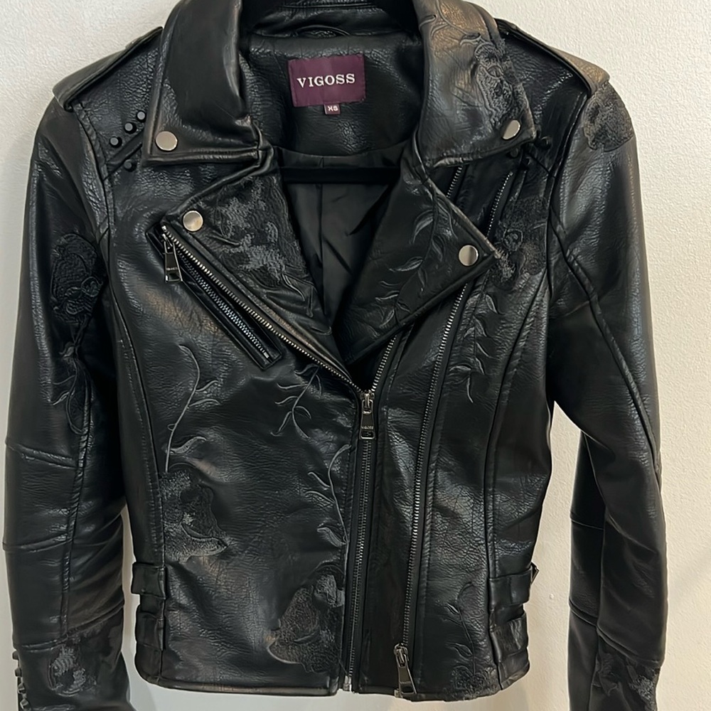 VIGOSS Black Studded Vegan Leather Moto Jacket- XS